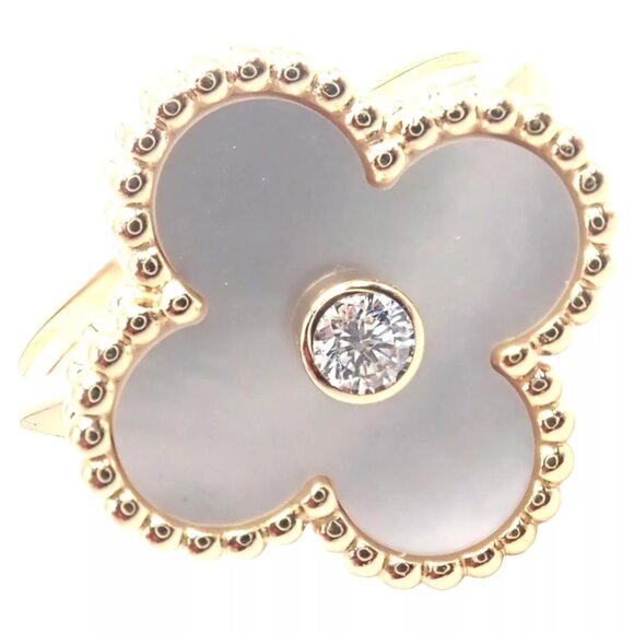 Van Cleef & Arpels Vintage Alhambra 18k Yellow Gold Mother Of Pearl Diamond Ring - Picture 1 of 10
